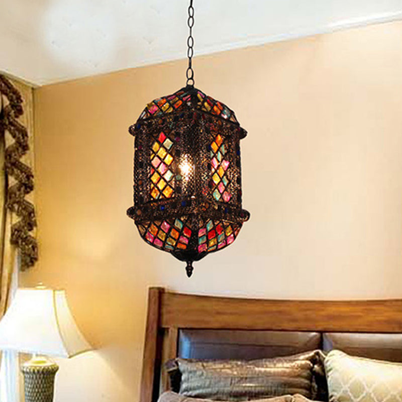 14"/17" Tall 1 Bulb Lantern Pendant Light Bohemian Bronze Metal Suspended Lighting Fixture for Living Room Clearhalo 'Ceiling Lights' 'Pendant Lights' 'Pendants' Lighting' 392929