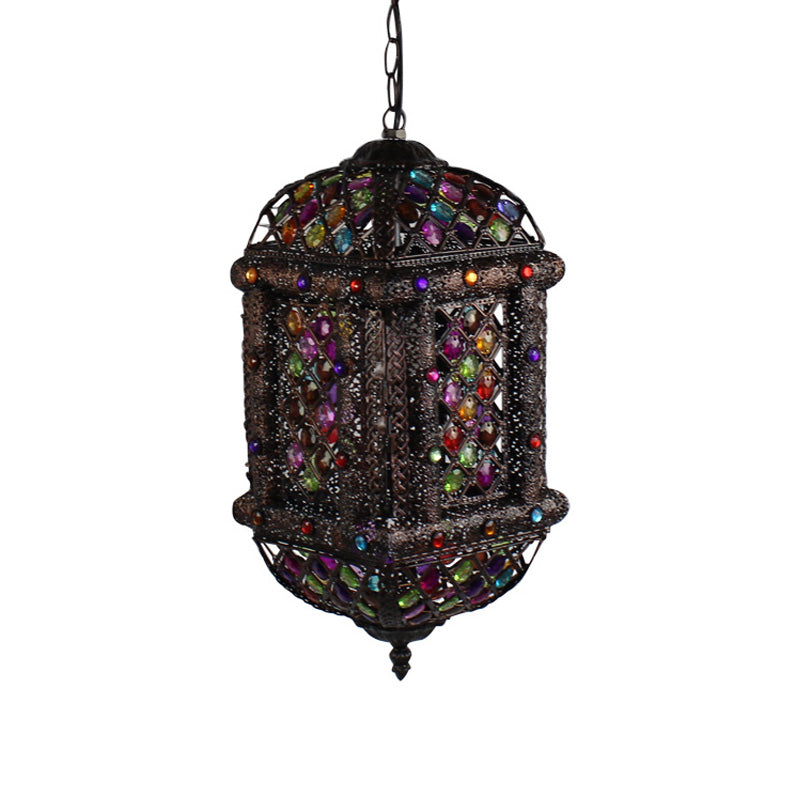 14"/17" Tall 1 Bulb Lantern Pendant Light Bohemian Bronze Metal Suspended Lighting Fixture for Living Room Clearhalo 'Ceiling Lights' 'Pendant Lights' 'Pendants' Lighting' 392930