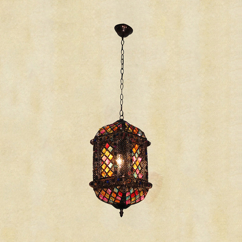 14"/17" Tall 1 Bulb Lantern Pendant Light Bohemian Bronze Metal Suspended Lighting Fixture for Living Room Clearhalo 'Ceiling Lights' 'Pendant Lights' 'Pendants' Lighting' 392931