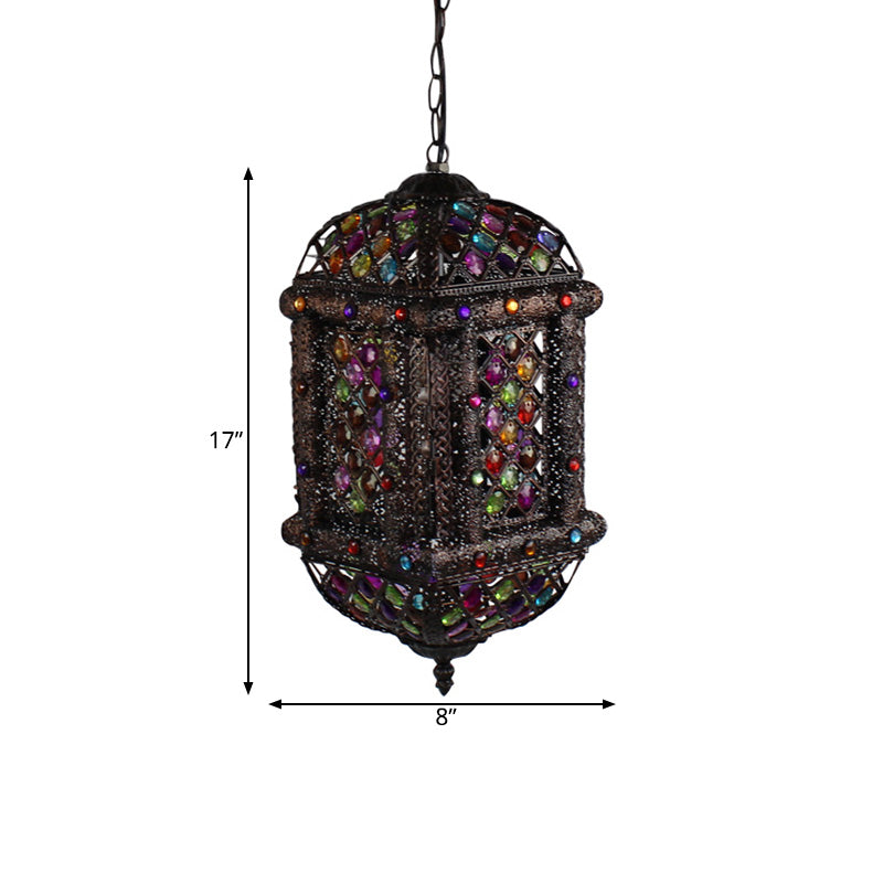 14"/17" Tall 1 Bulb Lantern Pendant Light Bohemian Bronze Metal Suspended Lighting Fixture for Living Room Clearhalo 'Ceiling Lights' 'Pendant Lights' 'Pendants' Lighting' 392932