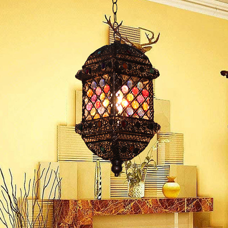 14"/17" Tall 1 Bulb Lantern Pendant Light Bohemian Bronze Metal Suspended Lighting Fixture for Living Room Clearhalo 'Ceiling Lights' 'Pendant Lights' 'Pendants' Lighting' 392933