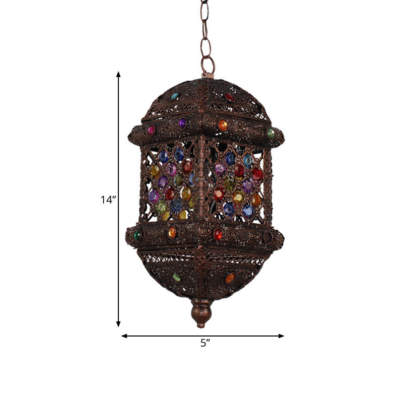 14"/17" Tall 1 Bulb Lantern Pendant Light Bohemian Bronze Metal Suspended Lighting Fixture for Living Room Clearhalo 'Ceiling Lights' 'Pendant Lights' 'Pendants' Lighting' 392936