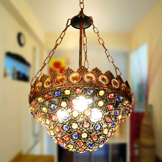 10"/13" Wide Metal Copper Ceiling Chandelier Bowl 3 Bulbs Art Deco Down Lighting Pendant for Dining Room Clearhalo 'Ceiling Lights' 'Chandeliers' Lighting' options 392986