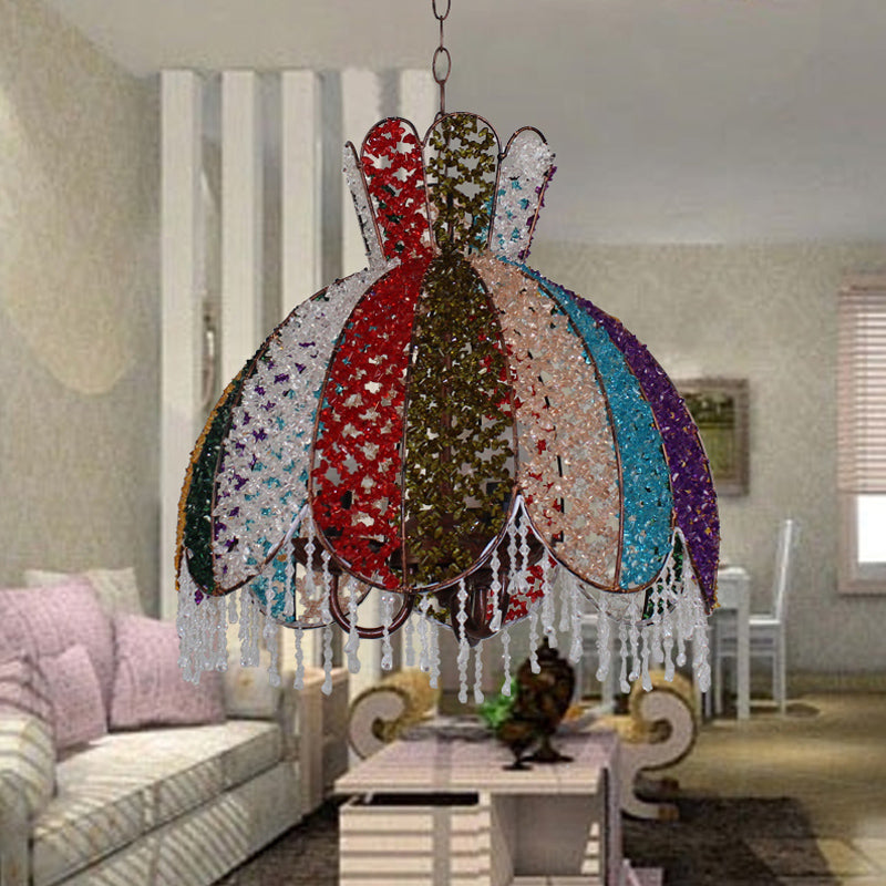 Bohemian Scalloped Pendant Chandelier 3 Heads Metal Hanging Ceiling Light in White/Red/Yellow with Dangling Crystal Blue Clearhalo 'Ceiling Lights' 'Chandeliers' Lighting' options 393016_fabc11e0-0c06-4bf2-bd5b-2c70345c5482