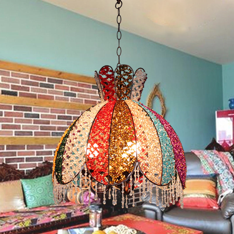 Bohemian Scalloped Pendant Chandelier 3 Heads Metal Hanging Ceiling Light in White/Red/Yellow with Dangling Crystal Clearhalo 'Ceiling Lights' 'Chandeliers' Lighting' options 393017