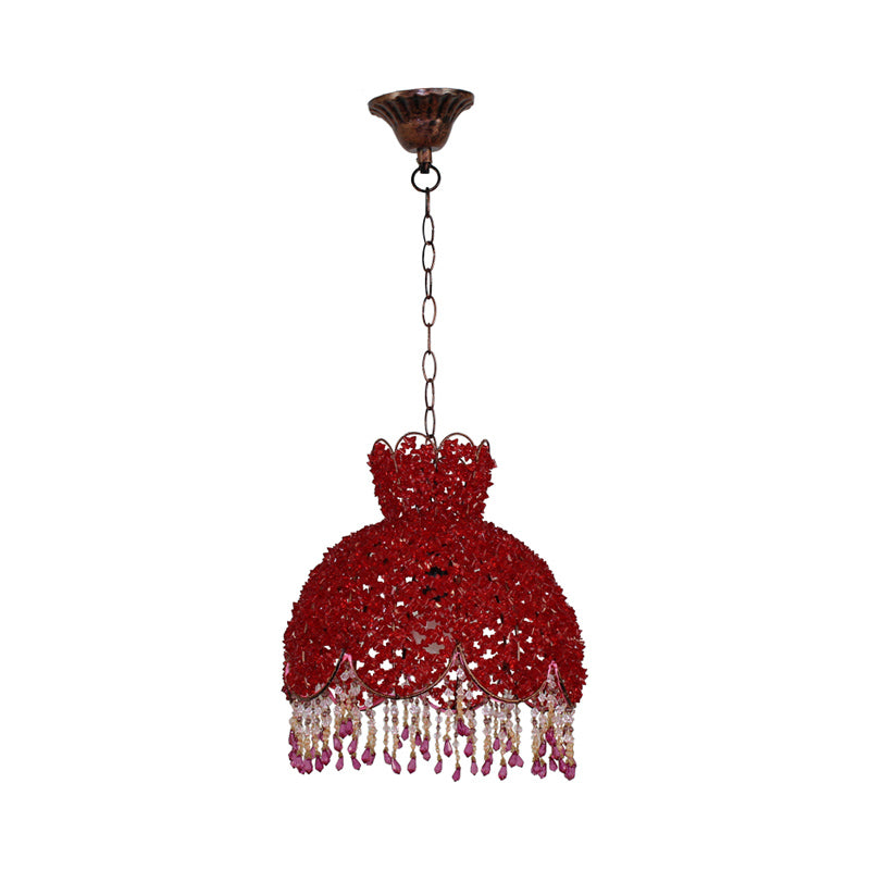 Bohemian Scalloped Pendant Chandelier 3 Heads Metal Hanging Ceiling Light in White/Red/Yellow with Dangling Crystal Red Clearhalo 'Ceiling Lights' 'Chandeliers' Lighting' options 393025_bfa6def0-cf72-46dd-83fc-a1bcc9fc502e