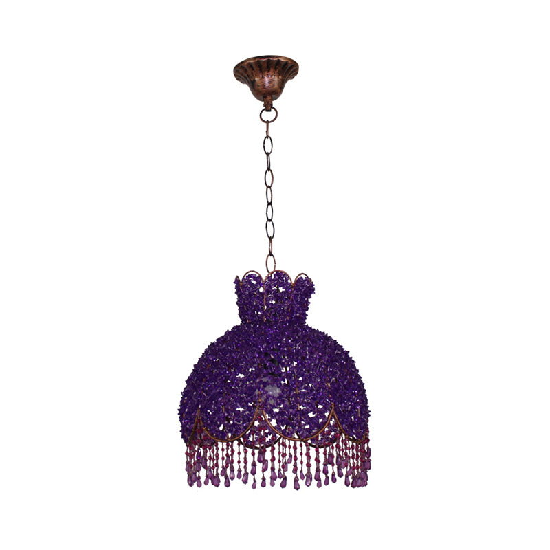 Bohemian Scalloped Pendant Chandelier 3 Heads Metal Hanging Ceiling Light in White/Red/Yellow with Dangling Crystal Purple Clearhalo 'Ceiling Lights' 'Chandeliers' Lighting' options 393026_417b003a-a989-49fc-9694-62407f61506d