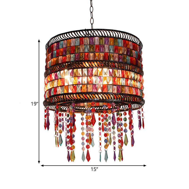Metal Drum Chandelier Pendant Light Art Deco 3 Heads Living Room Drop Lamp in Bronze with Crystal Draping Clearhalo 'Ceiling Lights' 'Chandeliers' Lighting' options 393049