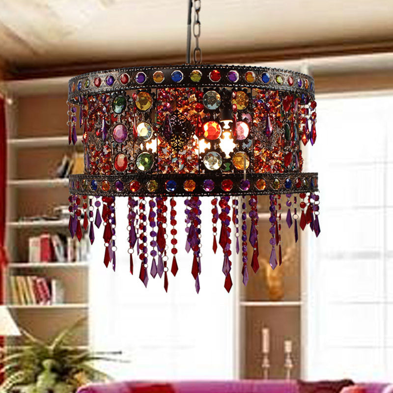 Drum Living Room Ceiling Chandelier Bohemian Metal 3 Lights Bronze Hanging Lamp Kit with Crystal Accent Bronze Clearhalo 'Ceiling Lights' 'Chandeliers' Lighting' options 393073_4eede037-ec52-4996-8e0a-cdff24377773