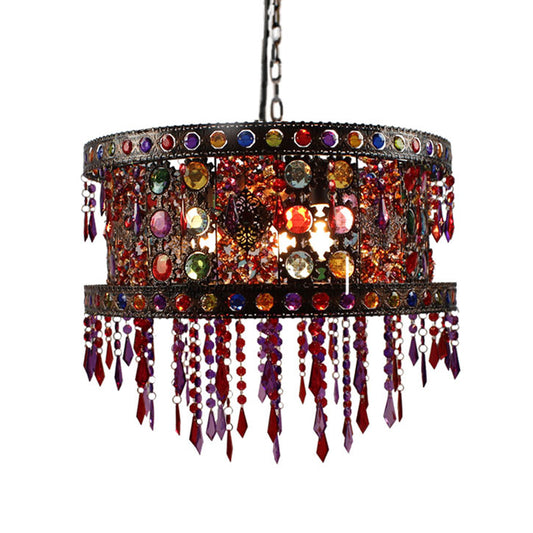 Drum Living Room Ceiling Chandelier Bohemian Metal 3 Lights Bronze Hanging Lamp Kit with Crystal Accent Clearhalo 'Ceiling Lights' 'Chandeliers' Lighting' options 393075