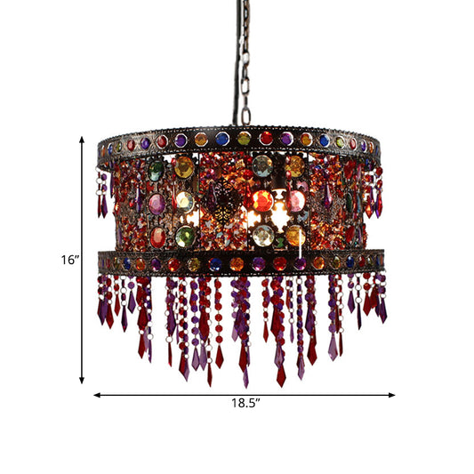 Drum Living Room Ceiling Chandelier Bohemian Metal 3 Lights Bronze Hanging Lamp Kit with Crystal Accent Clearhalo 'Ceiling Lights' 'Chandeliers' Lighting' options 393077