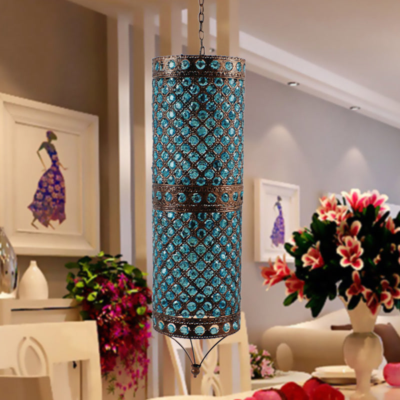 Blue 2 Lights Chandelier Lamp Bohemian Metal Column Suspension Lighting Fixture for Dining Room Blue Clearhalo 'Ceiling Lights' 'Chandeliers' Lighting' options 393078_49bf498a-3518-474b-b522-716905e44d4d