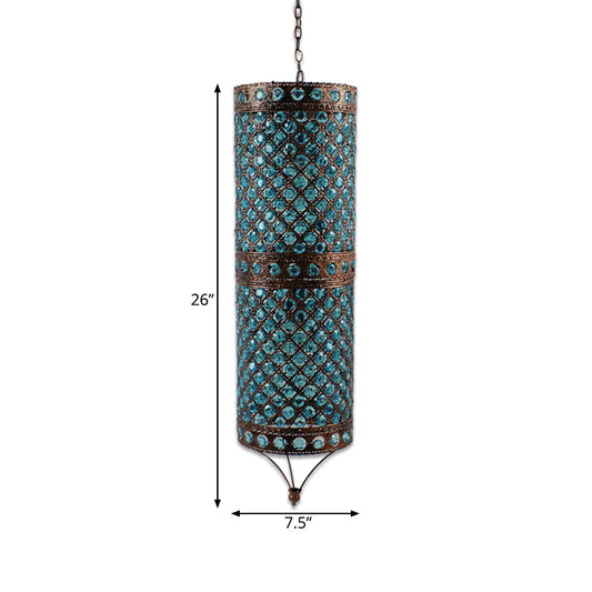 Blue 2 Lights Chandelier Lamp Bohemian Metal Column Suspension Lighting Fixture for Dining Room Clearhalo 'Ceiling Lights' 'Chandeliers' Lighting' options 393082