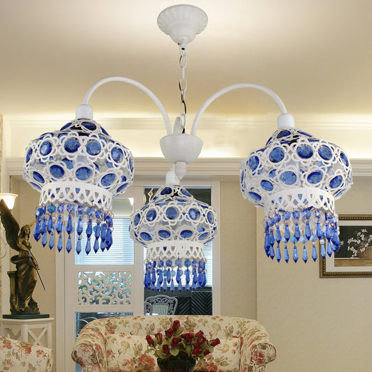 Metal Blue Chandelier Light Fixture Lantern 3 Bulbs Traditional Ceiling Pendant for Living Room Clearhalo 'Ceiling Lights' 'Chandeliers' Lighting' options 393084