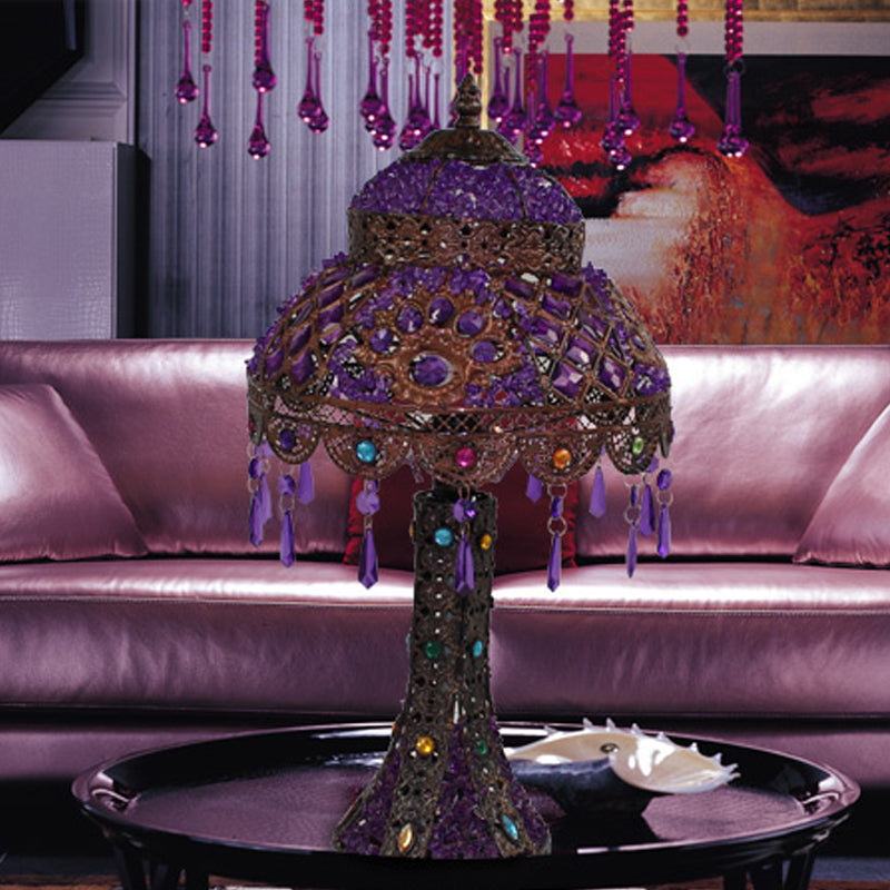 Dome Bedroom Night Table Lamp Decorative Metal 1 Light Purple Nightstand Lighting with Dangling Crystal Purple Clearhalo 'Lamps' 'Table Lamps' Lighting' 393173