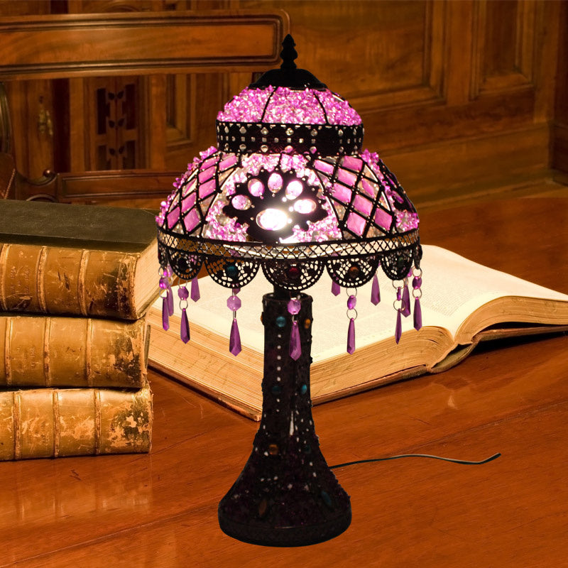 Dome Bedroom Night Table Lamp Decorative Metal 1 Light Purple Nightstand Lighting with Dangling Crystal Clearhalo 'Lamps' 'Table Lamps' Lighting' 393174