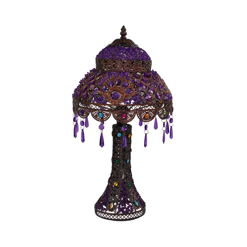 Dome Bedroom Night Table Lamp Decorative Metal 1 Light Purple Nightstand Lighting with Dangling Crystal Clearhalo 'Lamps' 'Table Lamps' Lighting' 393175