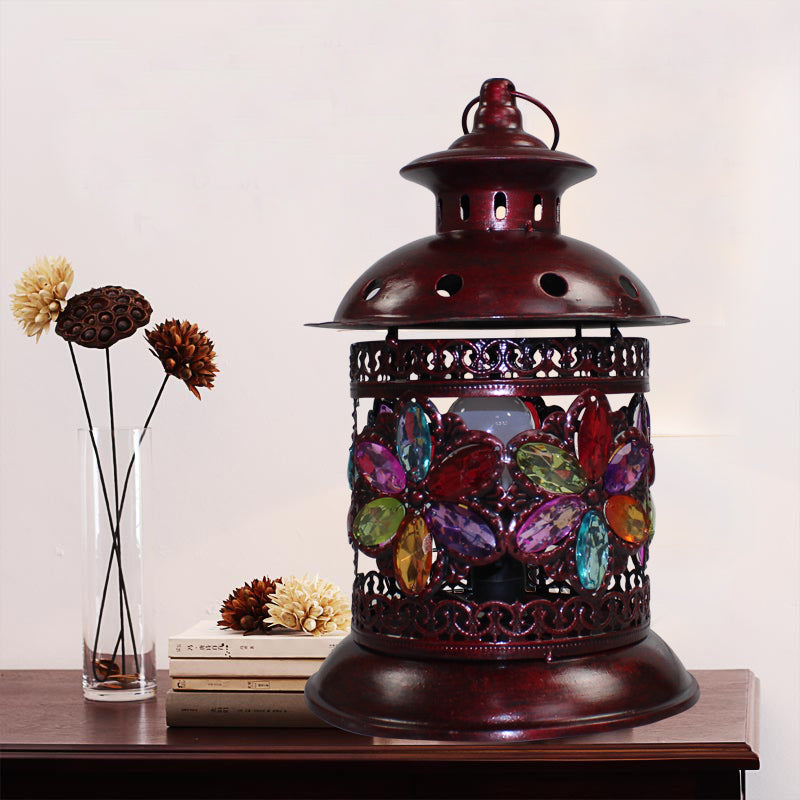 1-Bulb Metal Night Table Light Antique Copper Lantern Living Room Nightstand Lighting Copper Clearhalo 'Lamps' 'Table Lamps' Lighting' 393265