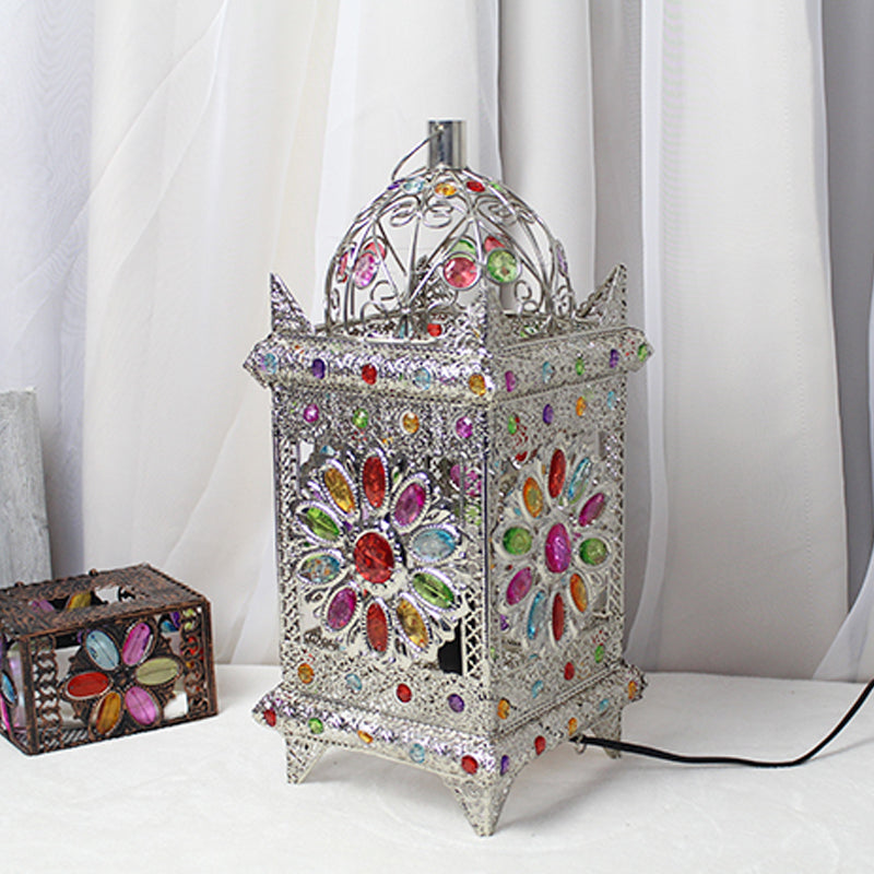 Lantern Bedroom Night Table Light Bohemian Metal 1 Light Silver/White/Bronze Nightstand Lighting Clearhalo 'Lamps' 'Table Lamps' Lighting' 393297