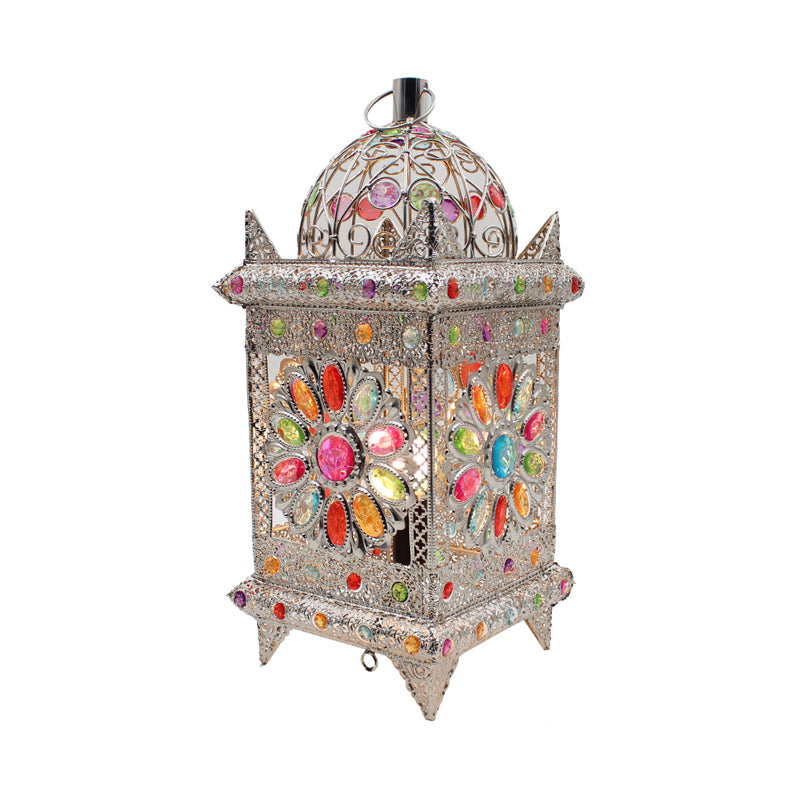 Lantern Bedroom Night Table Light Bohemian Metal 1 Light Silver/White/Bronze Nightstand Lighting Clearhalo 'Lamps' 'Table Lamps' Lighting' 393298