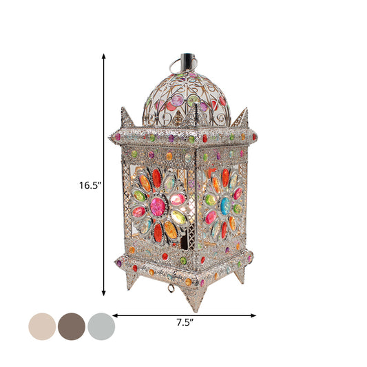 Lantern Bedroom Night Table Light Bohemian Metal 1 Light Silver/White/Bronze Nightstand Lighting Clearhalo 'Lamps' 'Table Lamps' Lighting' 393299