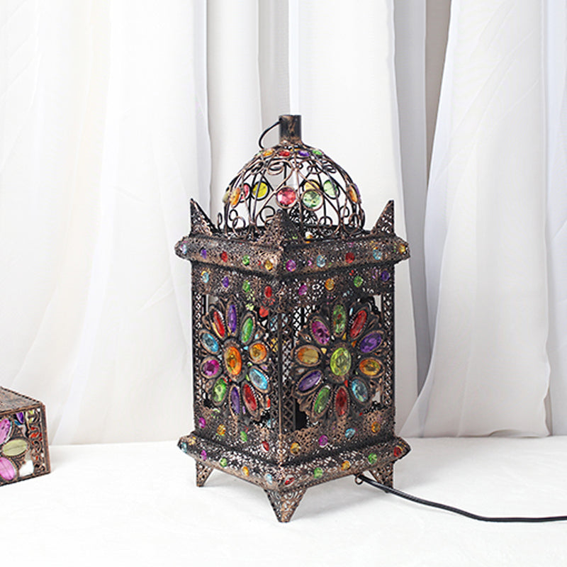 Lantern Bedroom Night Table Light Bohemian Metal 1 Light Silver/White/Bronze Nightstand Lighting Clearhalo 'Lamps' 'Table Lamps' Lighting' 393302