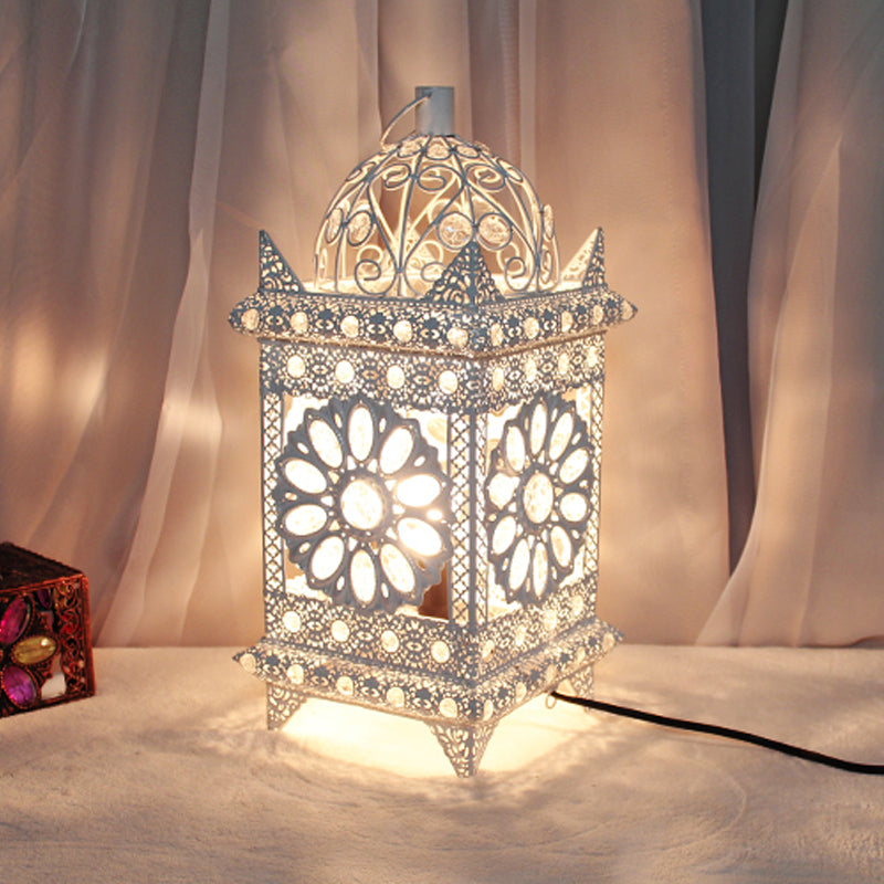 Lantern Bedroom Night Table Light Bohemian Metal 1 Light Silver/White/Bronze Nightstand Lighting White Clearhalo 'Lamps' 'Table Lamps' Lighting' 393304