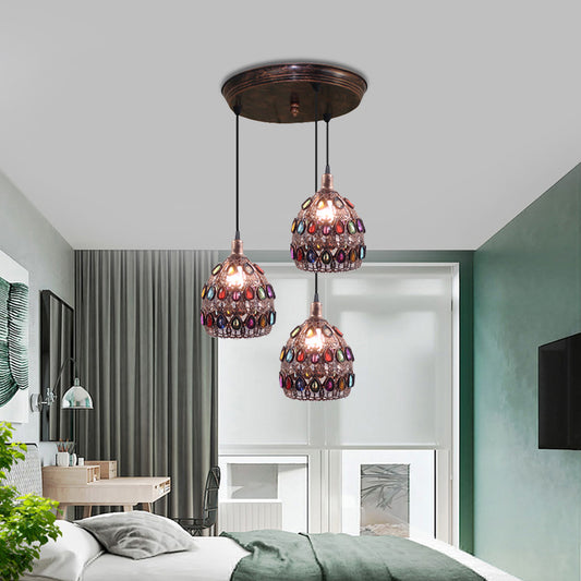 Rust 3 Bulbs Multi Light Pendant Traditional Metal Dome Suspension Lamp with Round/Linear Canopy for Bedroom Clearhalo 'Ceiling Lights' 'Pendant Lights' 'Pendants' Lighting' 393323