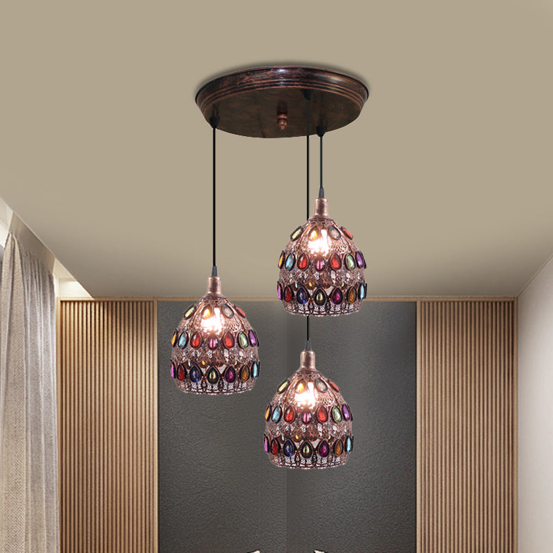 Rust 3 Bulbs Multi Light Pendant Traditional Metal Dome Suspension Lamp with Round/Linear Canopy for Bedroom Clearhalo 'Ceiling Lights' 'Pendant Lights' 'Pendants' Lighting' 393324