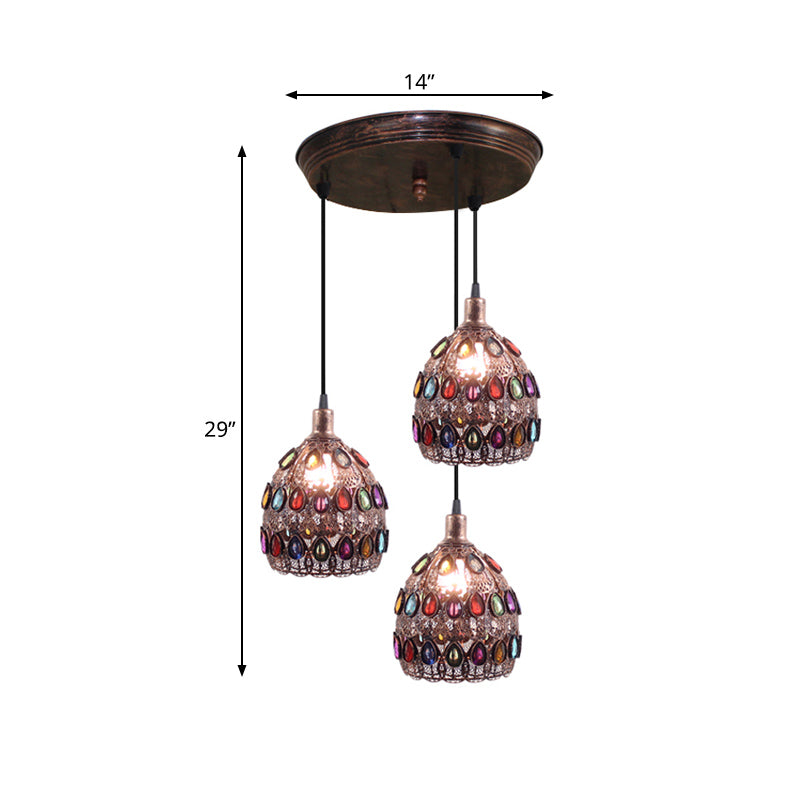 Rust 3 Bulbs Multi Light Pendant Traditional Metal Dome Suspension Lamp with Round/Linear Canopy for Bedroom Clearhalo 'Ceiling Lights' 'Pendant Lights' 'Pendants' Lighting' 393327