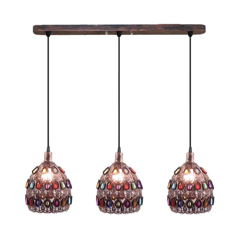 Rust 3 Bulbs Multi Light Pendant Traditional Metal Dome Suspension Lamp with Round/Linear Canopy for Bedroom Clearhalo 'Ceiling Lights' 'Pendant Lights' 'Pendants' Lighting' 393328