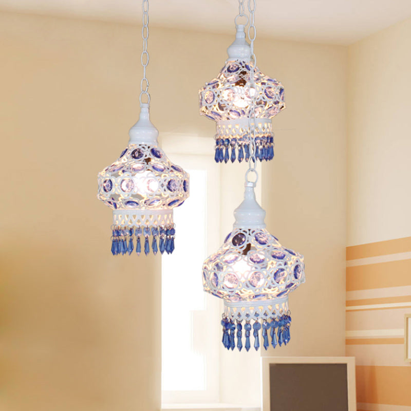 Metal Red/Blue Cluster Pendant Light Lantern 3 Heads Bohemian Ceiling Lamp with Round/Linear Canopy Clearhalo 'Ceiling Lights' 'Pendant Lights' 'Pendants' Lighting' 393330