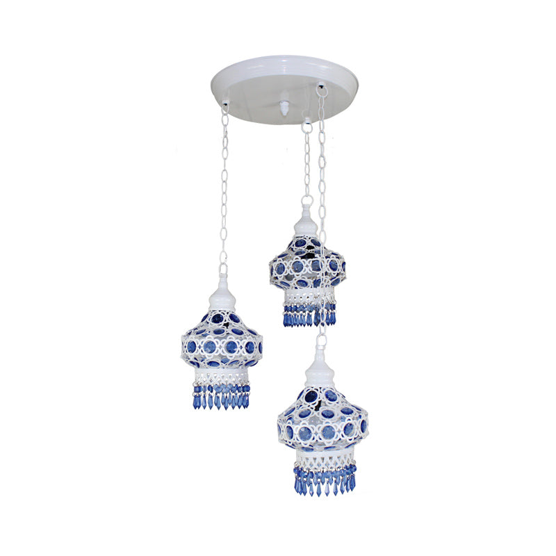 Metal Red/Blue Cluster Pendant Light Lantern 3 Heads Bohemian Ceiling Lamp with Round/Linear Canopy Clearhalo 'Ceiling Lights' 'Pendant Lights' 'Pendants' Lighting' 393332