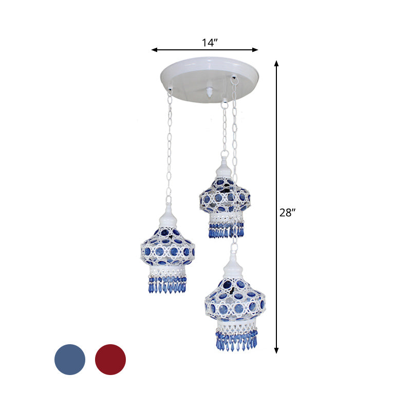 Metal Red/Blue Cluster Pendant Light Lantern 3 Heads Bohemian Ceiling Lamp with Round/Linear Canopy Clearhalo 'Ceiling Lights' 'Pendant Lights' 'Pendants' Lighting' 393334