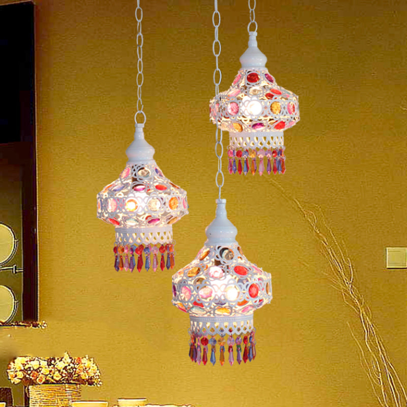 Metal Red/Blue Cluster Pendant Light Lantern 3 Heads Bohemian Ceiling Lamp with Round/Linear Canopy Red Round Clearhalo 'Ceiling Lights' 'Pendant Lights' 'Pendants' Lighting' 393335_d201cdb7-27e8-4d0f-bc3f-37cd354421df