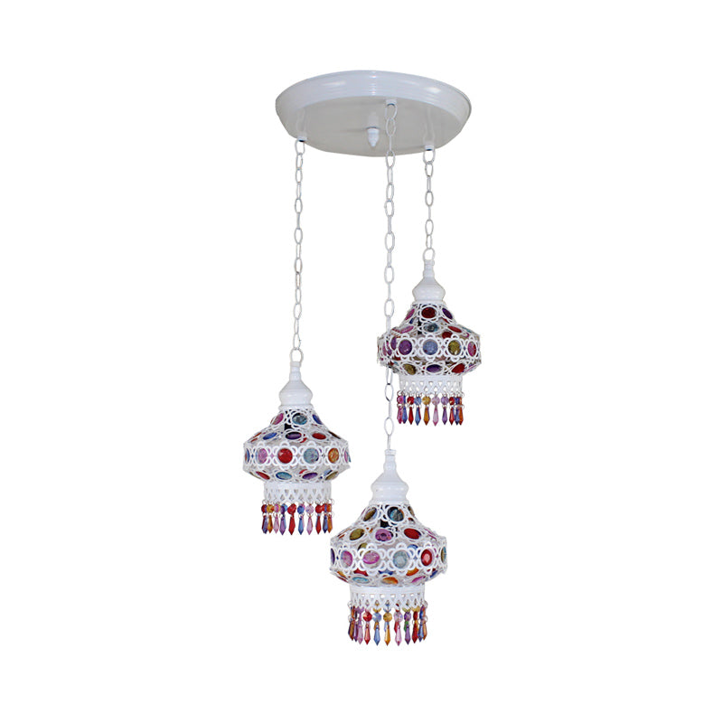 Metal Red/Blue Cluster Pendant Light Lantern 3 Heads Bohemian Ceiling Lamp with Round/Linear Canopy Clearhalo 'Ceiling Lights' 'Pendant Lights' 'Pendants' Lighting' 393336