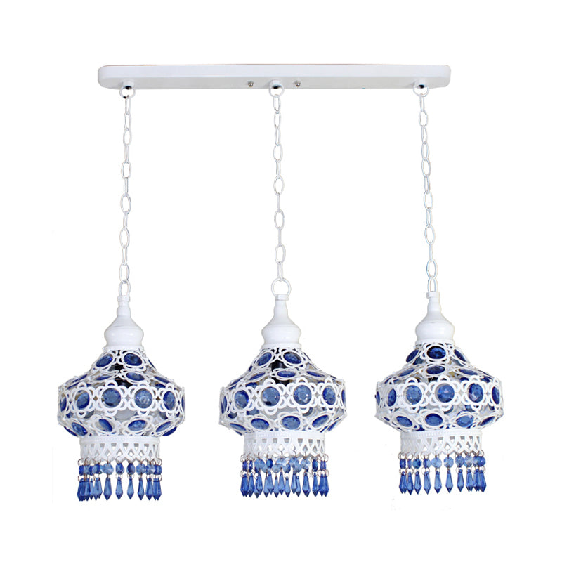 Metal Red/Blue Cluster Pendant Light Lantern 3 Heads Bohemian Ceiling Lamp with Round/Linear Canopy Blue Linear Clearhalo 'Ceiling Lights' 'Pendant Lights' 'Pendants' Lighting' 393338_91eb1de6-cf31-48b5-8a7c-adeaf651ac44