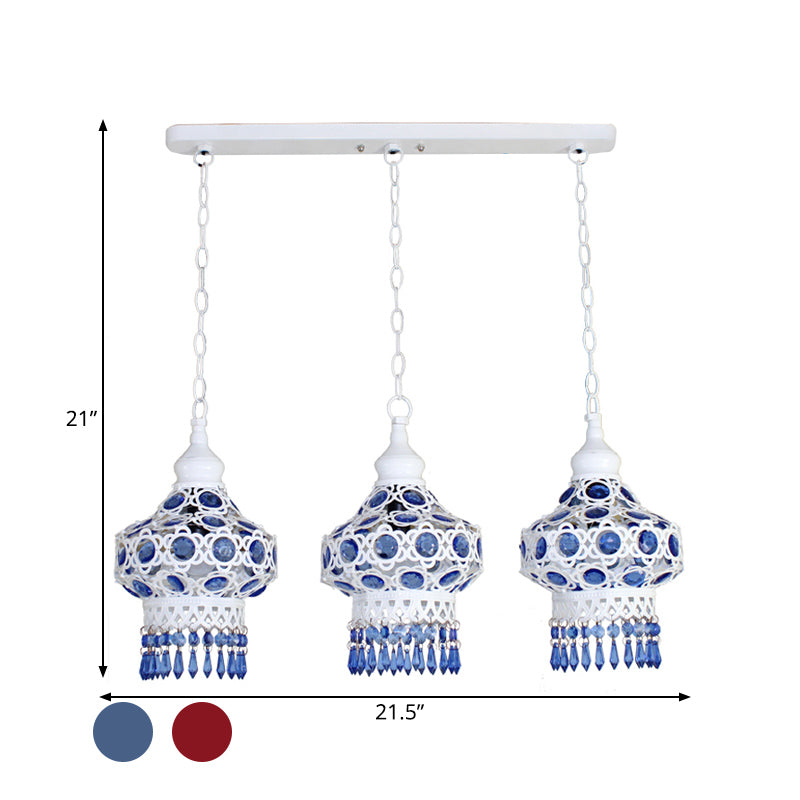 Metal Red/Blue Cluster Pendant Light Lantern 3 Heads Bohemian Ceiling Lamp with Round/Linear Canopy Clearhalo 'Ceiling Lights' 'Pendant Lights' 'Pendants' Lighting' 393340