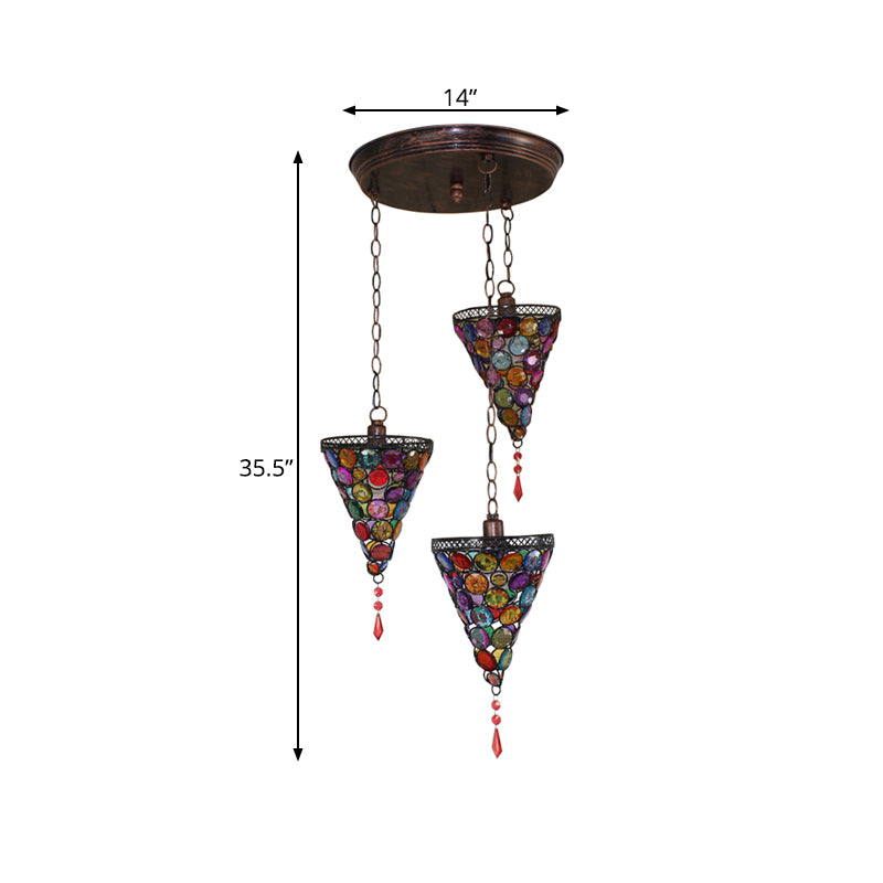 3 Bulbs Conical Cluster Pendant Art Deco Rust Metal Hanging Ceiling Light with Round/Linear Canopy for Bedroom Clearhalo 'Ceiling Lights' 'Pendant Lights' 'Pendants' Lighting' 393347