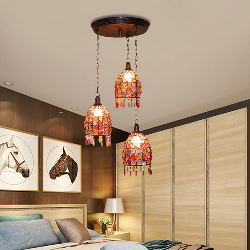 Dome Bedroom Cluster Pendant Light Bohemian Metal 3 Lights Rust Hanging Lamp with Round/Linear Canopy Clearhalo 'Ceiling Lights' 'Pendant Lights' 'Pendants' Lighting' 393351