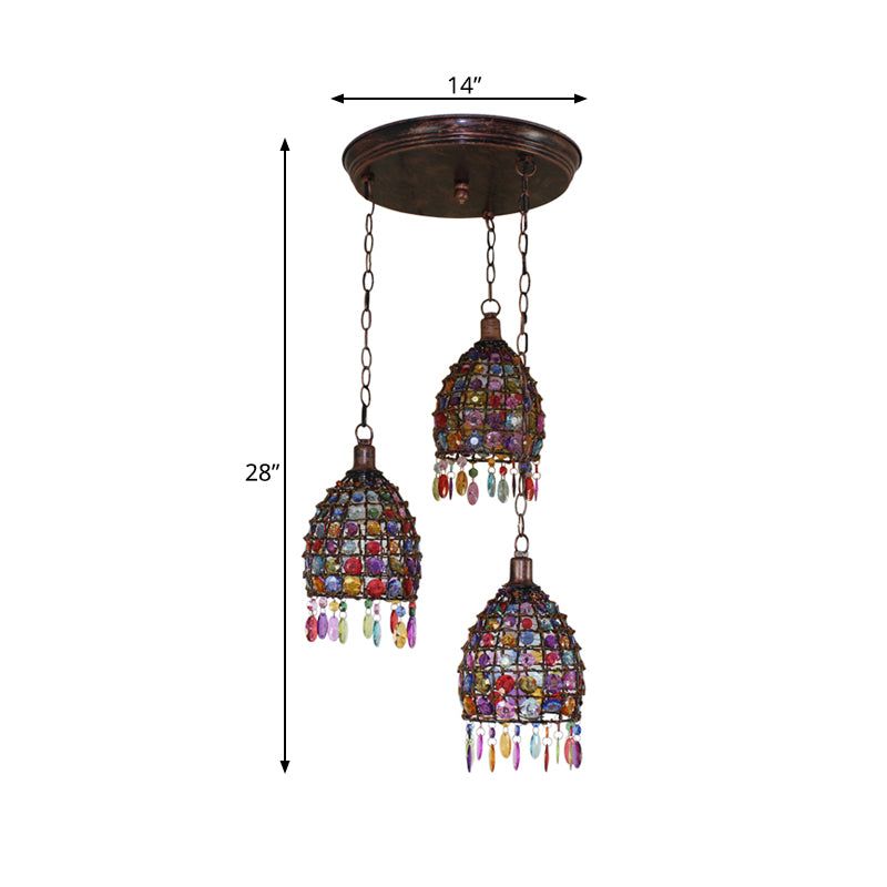 Dome Bedroom Cluster Pendant Light Bohemian Metal 3 Lights Rust Hanging Lamp with Round/Linear Canopy Clearhalo 'Ceiling Lights' 'Pendant Lights' 'Pendants' Lighting' 393355