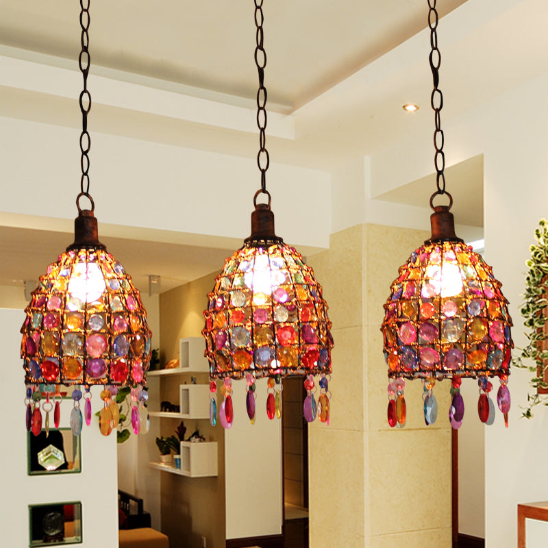 Dome Bedroom Cluster Pendant Light Bohemian Metal 3 Lights Rust Hanging Lamp with Round/Linear Canopy Clearhalo 'Ceiling Lights' 'Pendant Lights' 'Pendants' Lighting' 393356