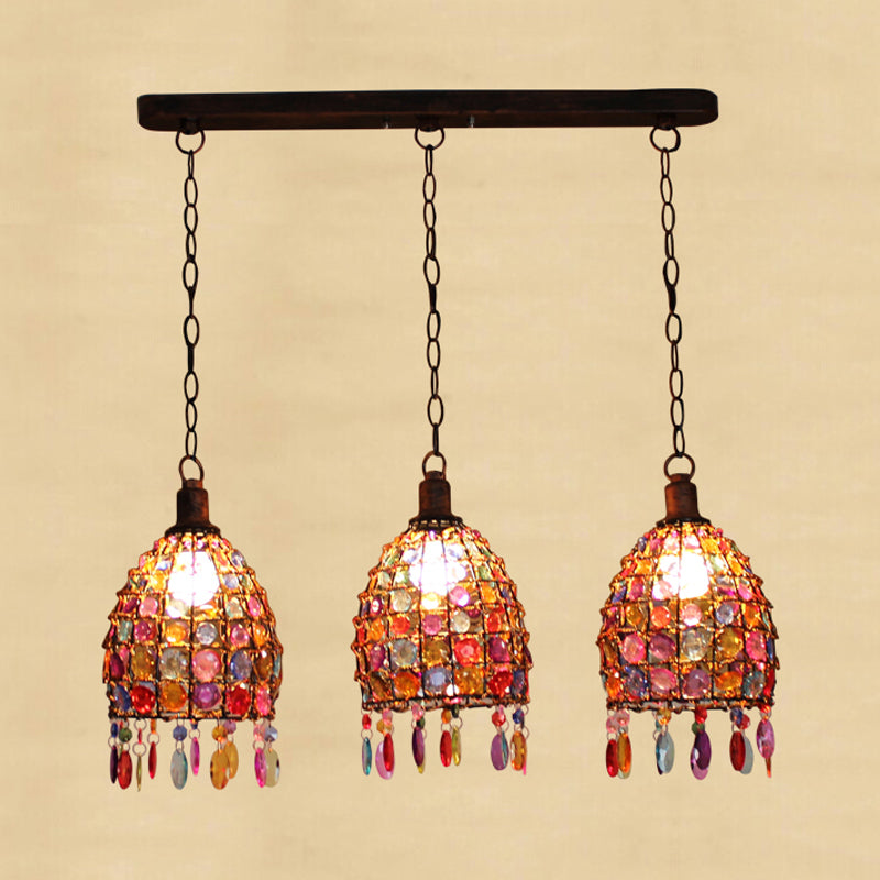 Dome Bedroom Cluster Pendant Light Bohemian Metal 3 Lights Rust Hanging Lamp with Round/Linear Canopy Clearhalo 'Ceiling Lights' 'Pendant Lights' 'Pendants' Lighting' 393358