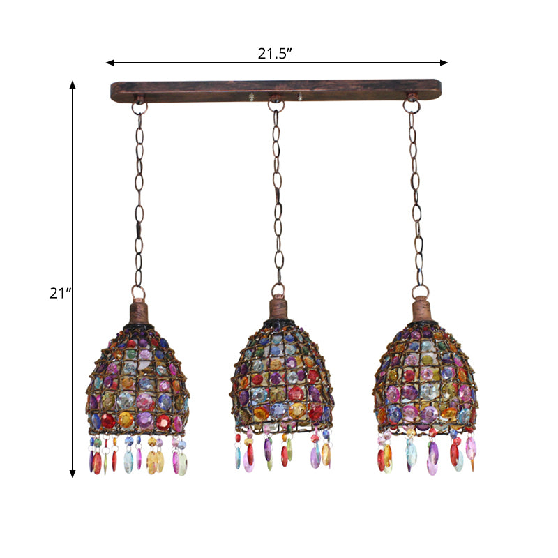 Dome Bedroom Cluster Pendant Light Bohemian Metal 3 Lights Rust Hanging Lamp with Round/Linear Canopy Clearhalo 'Ceiling Lights' 'Pendant Lights' 'Pendants' Lighting' 393359