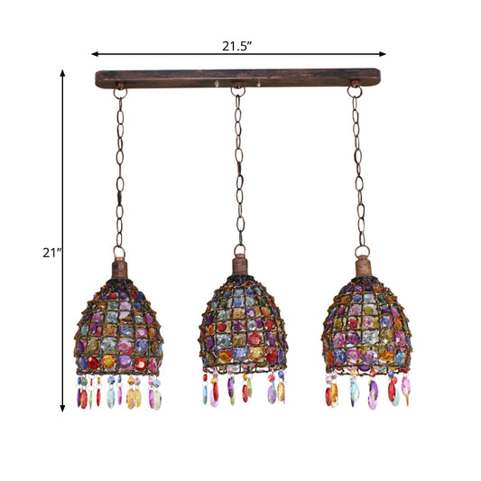 Dome Bedroom Cluster Pendant Light Bohemian Metal 3 Lights Rust Hanging Lamp with Round/Linear Canopy Clearhalo 'Ceiling Lights' 'Pendant Lights' 'Pendants' Lighting' 393359