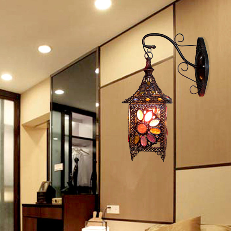 Lantern Bedroom Sconce Wall Light Bohemian Metal 1 Bulb Brass/Black Wall Lighting Fixture Black Clearhalo 'Wall Lamps & Sconces' 'Wall Lights' Lighting' 393365