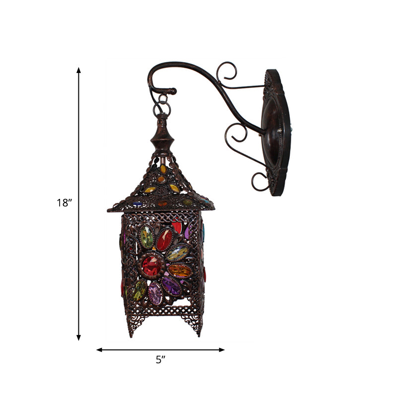 Lantern Bedroom Sconce Wall Light Bohemian Metal 1 Bulb Brass/Black Wall Lighting Fixture Clearhalo 'Wall Lamps & Sconces' 'Wall Lights' Lighting' 393369