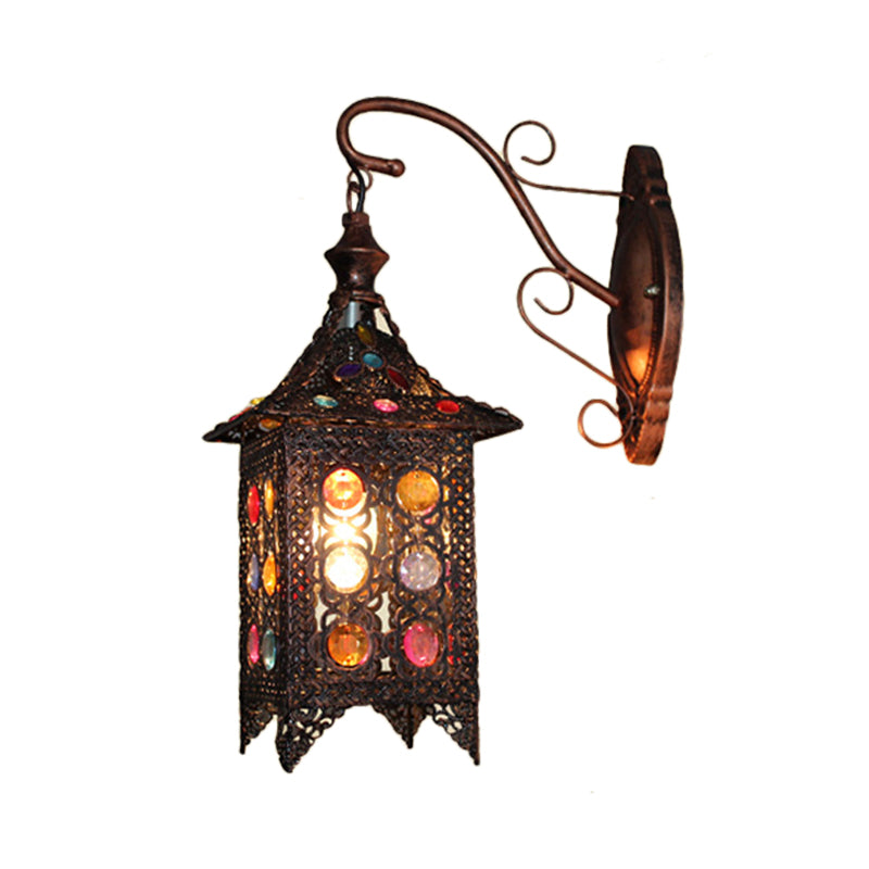 Lantern Bedroom Sconce Wall Light Bohemian Metal 1 Bulb Brass/Black Wall Lighting Fixture Clearhalo 'Wall Lamps & Sconces' 'Wall Lights' Lighting' 393371