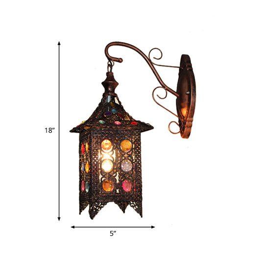 Lantern Bedroom Sconce Wall Light Bohemian Metal 1 Bulb Brass/Black Wall Lighting Fixture Clearhalo 'Wall Lamps & Sconces' 'Wall Lights' Lighting' 393373