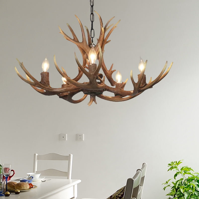 5 Lights Resin Chandelier Lamp Classic White/Brown and Yellow Antler Dining Room Hanging Ceiling Light with/without Shade Clearhalo 'Ceiling Lights' 'Chandeliers' Lighting' options 393402